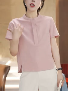 QINGNAER | Comfy Style Casual French Loose Fit Pink Crew Neck Side Split Short Sleeve Blouse