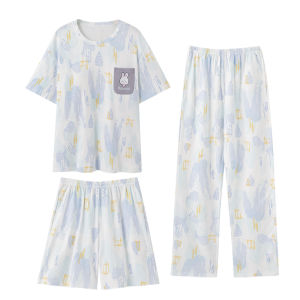 MiiOW | Pure Cotton Womens Sleepwear Set With Chest Pad Short Sleeve Long Pants Three Piece Outfit Home Clothes Breathable Comfortable