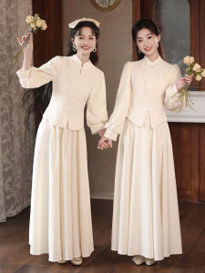 Elegant Long Sleeve Chinese Style Maids Dress 2023 Winter New Arrival National Trend Cheongsam Sister Group Ceremony Gown Skirt Slimming Daily Wear