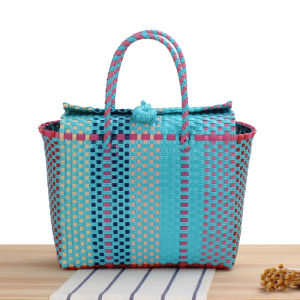 Handwoven Color Block Plastic Basket Beach Bag Picnic Small Square Handbag Fresh Style Vacation Casual Double Zipper Hard Handle