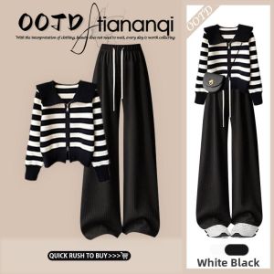 TIANANQI | Retro American Navy Collar Dual Zipper Stripe Sweater Suit