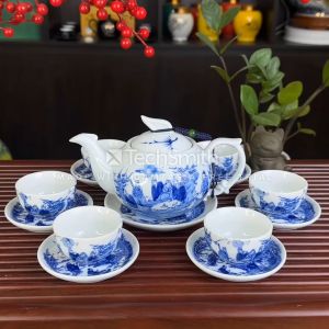 Bộ Ấm Pha Trà Men Lam Phượng Hoàng Bát Tràng Trúc Lâm Thất Hiền - Ấm Dung Tích 350ML