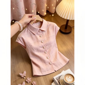 Shalldoer | Pearl Buttoned Polo Collar Flounce Sleeve Pink Shirt