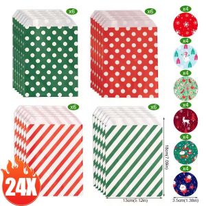 24Pcs/Set Christmas Candy Bag Red Green Polka Dot Twill Kraft Paper Bag Xmas Party Gift Bag Merry Xmas Paper Packaging Bag with Sticker