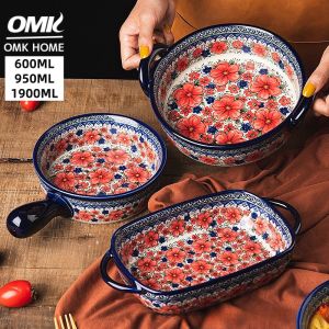 OMK Polish Series Hand-painted Ceramic Rectangular Baking Pan Round Baking Pan with Two Ears Baking Trays & Pans