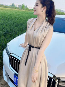Elegant French Style Champagne Satin Dress Womens Summer Long Skirt High Waist A-Line Gown No Sleeve Simple Color