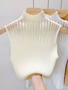 chaqi | Ice Silk Hollow Out Sleeveless Vest Womens Summer Top Half High Collar Strap Design Loose Knitted Short Length Base Layer