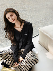 BaiYan Modal ผ้าฝ้าย ชุดนอน ผู้หญิง เซ็กซี่ คอวี พรางหุ่น แขนยาวลายทาง กางเกง ชุดเสื้อผ้าบ้านสบาย นุ่ม พักผ่อนที่บ้าน