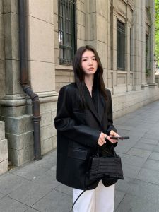 Casual Loose Womens Black PU Leather Jacket Retro American Style Long Sleeve Suit Collar Leather Coat Autumn New Arrival