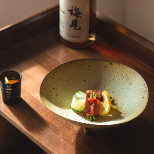 OMK Handmade vintage style rough pottery 9 inch three-legged salad bowl ceramic fruit plate 鼎