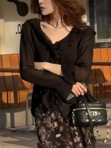 QINGNAER | French Style Spicy And Charming Big Size Womens Ruffled V-Neck Net Blouse