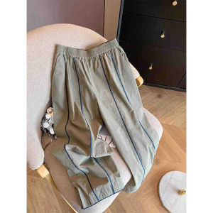 Spring Summer New Grey Green Striped Elastic Waist Straight Leg Casual Pants Women Loose Versatile Wide Leg Workwear Trousers