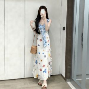 CHANGTONG | French Style V-Neck Floral Strappy Youthful Unique Dress Summer