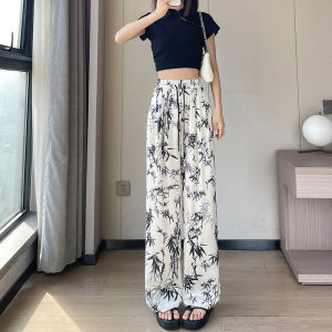 New Chinese Style Floral Print Casual Pants Women Summer Thin Wide Leg Narrow Version Straight Tube Silk Ice Pants High Waist