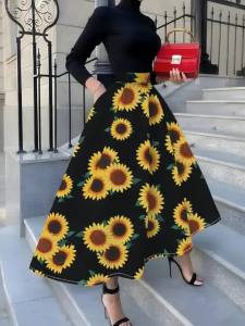 Printed Design Four Seasons Casual Style Sunflower Black Background Pattern Printed Half Skirt