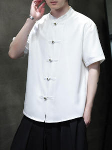 Summer Ice Silk Short Sleeve Shirt Mens Chinese Button Knots Loose Casual Tang Suit Shirt Cardigan Plus Size Chinese Style Top