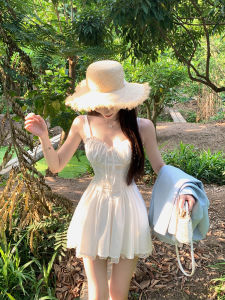 Birthday Party Little Dress Fancy French Gentle First Date Slim White Dress Short Waist Trimming Spaghetti Straps Dress