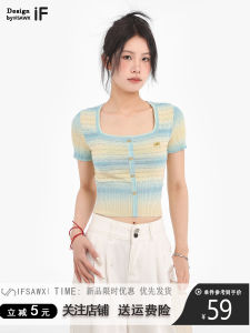 Dopamine Striped Square Collar Knitted Short Sleeve T-Shirt Women Summer Design Slim Fit Hollow out Shoulder Short Top Summer