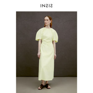 INSIS FEMME | Retro Long Staple Cotton Dress Summer Puff Sleeves Adjustable Waist Cut Out