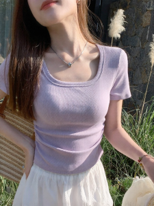 SHUOMENG | Square Collar Short Sleeve Tshirt Women Slim Fit Ruffled Waist Cinched Blouse