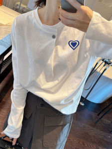 Womens Pure Cotton T-Shirt White Loose Fit Long Sleeve Printed round Neck Button up Base Shirt Korean Style Commute Fashion