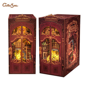 CUTEBEE DIY Nhà Búp Bê Sách Nook Kit Có Đèn Che Bụi Thu Nhỏ Mô Hình Gỗ Kệ Sách Chèn Để Trang Trí Nhà Cửa