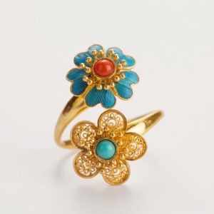 Stone ring womens antique court simple double flower silk vintage gold palace plated 925 silver flower dot emerald drop glaze green pine