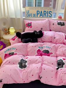 Phim Hoạt Hình Mèo Con Giường Bông Giặt Bốn Mảnh Ga Trải Giường Bộ Ba Mảnh Trái Tim Nữ Sinh Ký Túc Xá