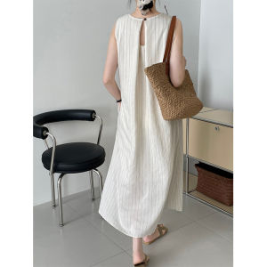 Vest Skirt Womens Loose Waist Cotton Linen blend Sleeveless Midi Dress Striped Pattern Vintage Style For Summer Season
