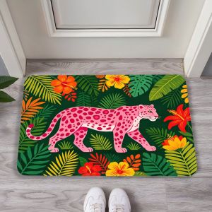 VIKAMA Tropical Pink Leopard Jungle Door Mat Kitchen Absorbent Carpet Entrance Non Slip Floor Mat Home Decoration