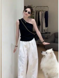 French Style Irregular Shoulder Black Ice Silk Knitted Vest Women Summer Outerwear Design Slim Fit Short Top Casual Wear