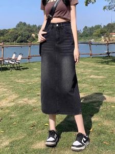 High Waist A-Line Midi Skirt Womens Denim Half Body Cover up Pear Shape Slimming plus Size Cotton Blend Commute Style