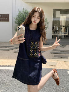 Fashionable French Design Embroidered Denim Dress Womens Summer New Style Small Size Vest Dress Korean Style Loose Waist