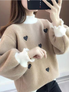 Fall Winter Womens Knitted Sweater Thickened Fleece Lined Loose Fit Pullover Half High Collar Warm Base Layer Shirt