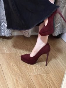 Waterproof Platform High Heels Womens Shoes Wine Red Color Comfortable Work Shoes Mary Janes Style Sharp Pointed Toe Shoes