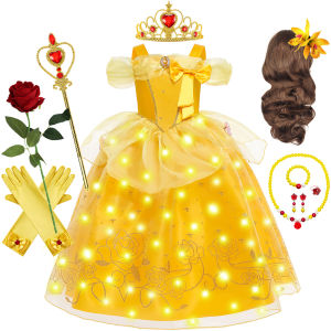 Beauty Belle Princess Cosplay Dress Girl Yellow Floral Off Shoulder Mesh Kid LED Light Halloween Costume Birthday Surprise Gift