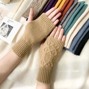 New Winter Warm Thick Knitted Fingerless Gloves Fashion Wool Long Sleeve Half Finger Touch Screen Gloves Women Men Twist Pattern Wristband Mittens