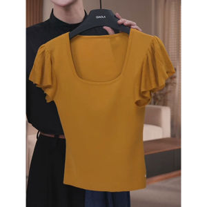Shalldoer | Fashionable Square Collar Solid Color Simple Knitted Short Sleeve T-Shirt Womens New 2025 Summer Stylish Versatile Short Top