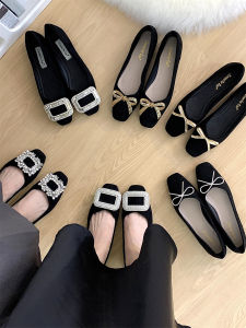 Evening Style K-style with Skirt Rhinestone Shoes Womens Shoes French Summer New Boat Shoes Flat Shoes Work Clothing Black Shoes