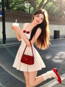 CHANGTONG | Trendy Korean Style Polka Dot Spaghetti Strap Waist-defining Short Dress