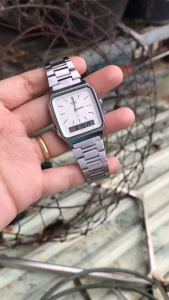 Đồng hồ nam si Nhật Casio 2 máy dáng tank dây thép TẶNG KÈM bộ dây da size 31*32mm