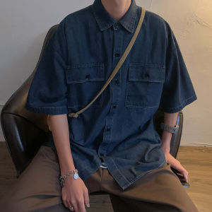Retro Solid Color Mens Short Sleeve Denim Shirt Summer High Street Trend Loose Casual Workwear Shirt for Teenagers