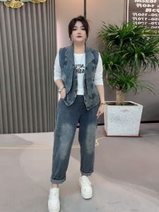 plus Size Womens Casual Denim Vest Straight Leg Pants Two-Piece Set Fashionable Autumn Outfit Large Size Fashion Set