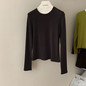 Long Sleeve Fleece Lined round Neck Cashmere Cotton Solid Color Slimming Inner Wear T-Shirt Womens Fashion Bottoms Pants