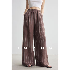 Slim Fit Breathable Elastic Stripes Linen Wide Leg Pants