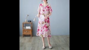 3046-27 Retro (Thin) Linen-Cotton Print Crimson Midi Cheongsam Dress