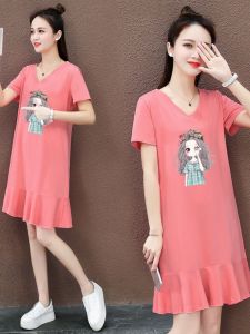 Pure Cotton V-neck T-shirt Dress Summer Fish Tail Skirt Loose Fit Short Sleeve Womens plus Size Black Dress with Pleated Edge