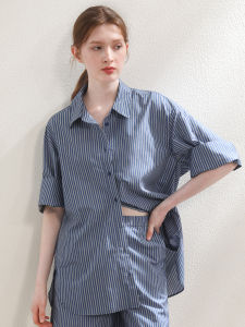 Miccbeirn | Silk Cotton Blue White Striped Short Sleeve Shirt Casual Commute Style Womens Top Simple Leisure Fashion Female Upperwear