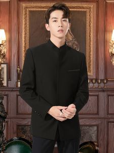 Black Youth Cheongsam Male Ensemble Performance Opening Ceremony Band Uniform Knitted Fabric Polyester Viscose Blend Springwear