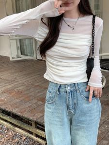 ลูกไม้สีดําเย็บ O คอ Crop Top เซ็กซี่ผอมแขนยาวเสื้อ T สําหรับผู้หญิง Harajuku Y2k ฤดูใบไม้ผลิฤดูร้อน Tees Basic ใหม่